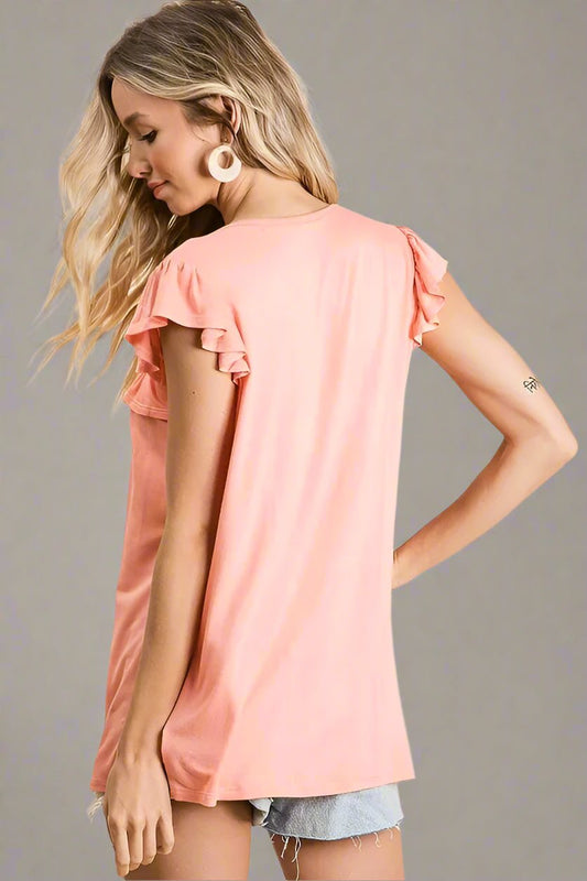 BiBi - Ruffle Flutter Sleeve Tunic Top in Soft Coral Peach