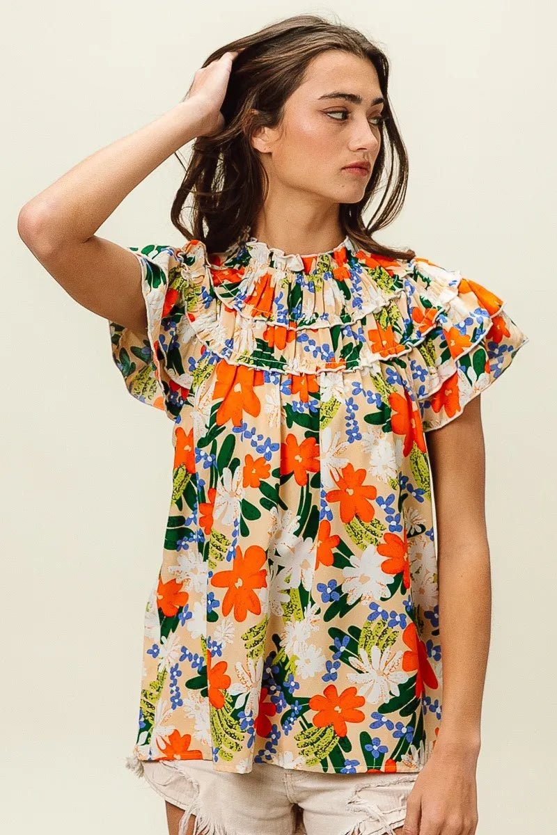 BiBi - Ruffle Neck Floral Blouse in Orange Multi