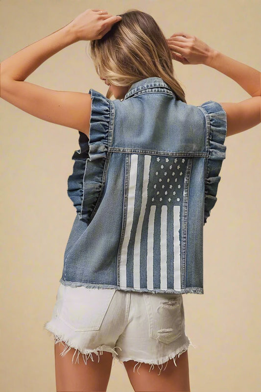 BiBi - Ruffle Sleeve Denim Vest – Americana Flag Print