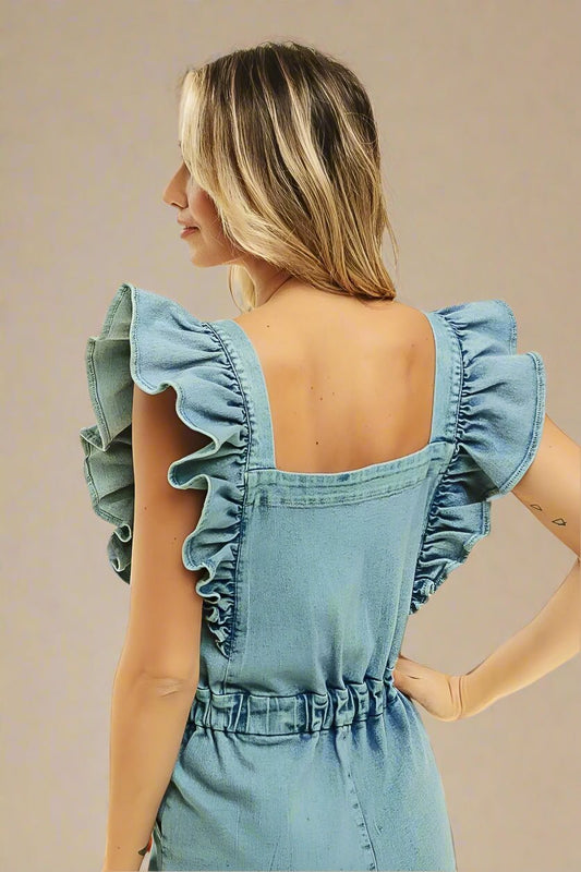 BiBi - Ruffle Strap Denim Romper in Light Wash Blue