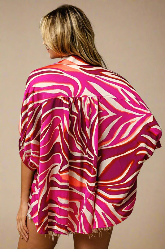 BiBi - Satin Zebra Print Button Down – Fuchsia & Tangerine