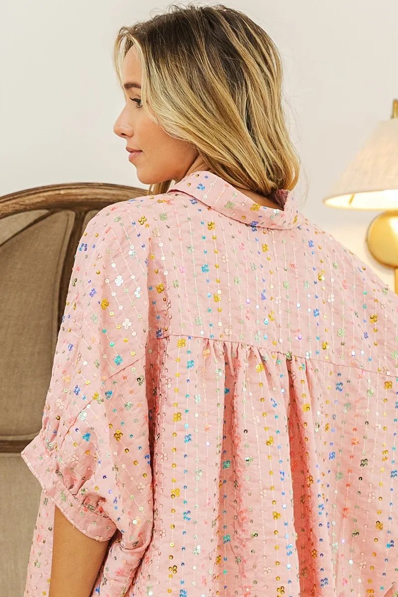 BiBi - Sequin Embellished Button Down Top – Blush Pink