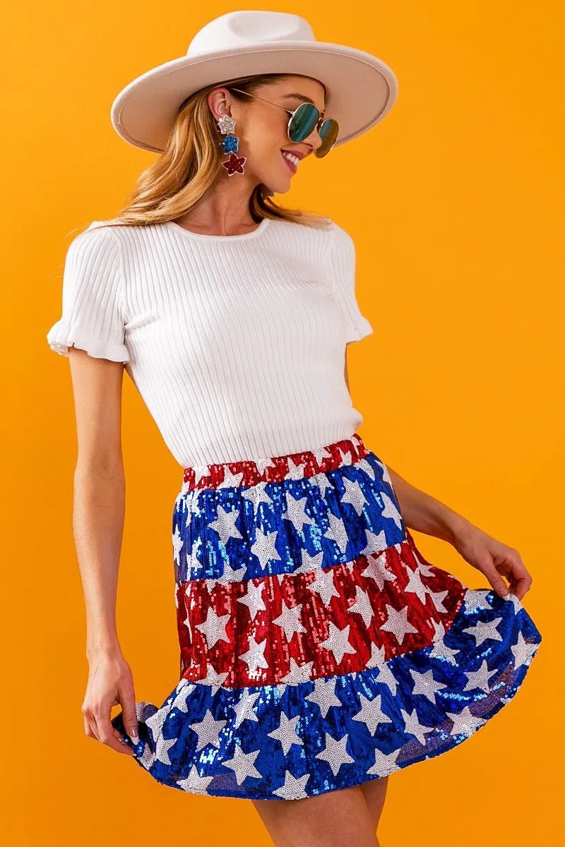 BiBi - Sequin Star Striped Mini Skirt in Red, White & Blue