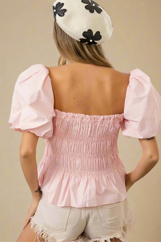 BiBi - Smocked Puff Sleeve Peplum Top in Soft Pink