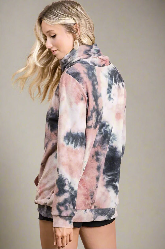 BiBi - Soft Cowl Neck Pullover – Charcoal Rose Tie - Dye