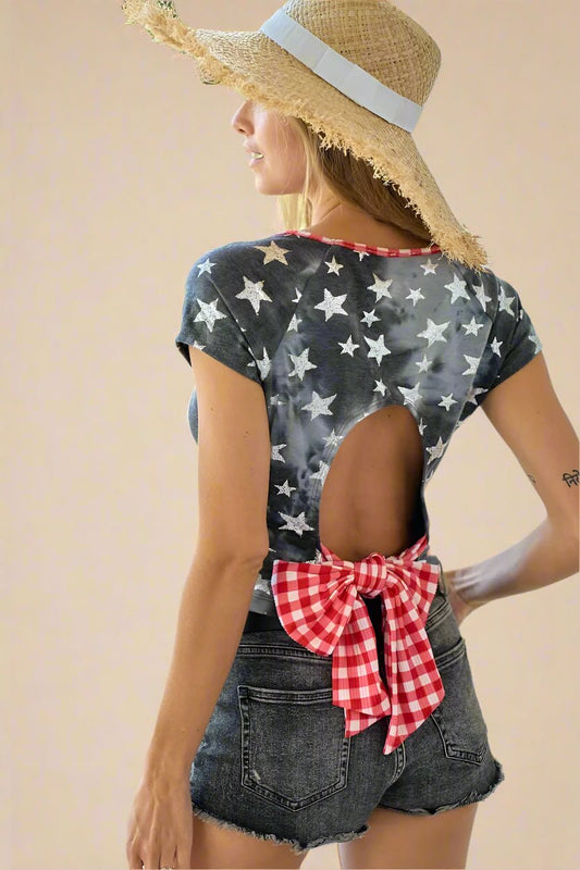BiBi - Star Print Open - Back Tee – Charcoal & Red