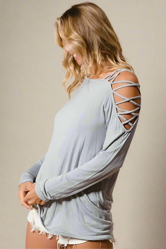 BiBi - Strappy Cold Shoulder Long Sleeve Top in Dusty Blue