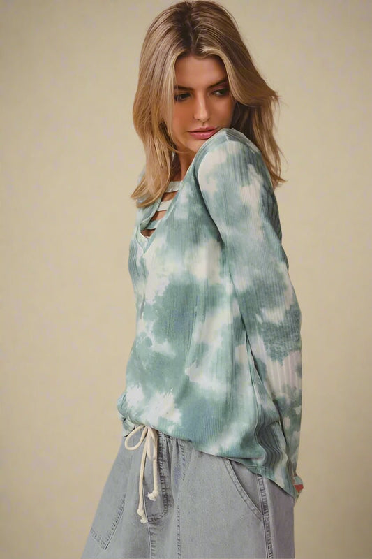 BiBi - Strappy Tie - Dye Long Sleeve Top – Smoky Sage & Ivory