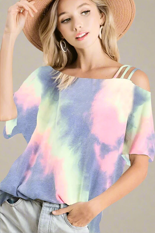 BiBi - Strappy Tie - Dye Tee in Blue, Neon Pink & Lime