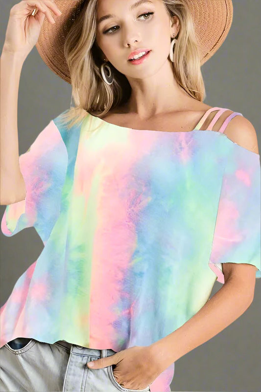 BiBi - Strappy Tie - Dye Tee in Sky Blue, Pink & Lime