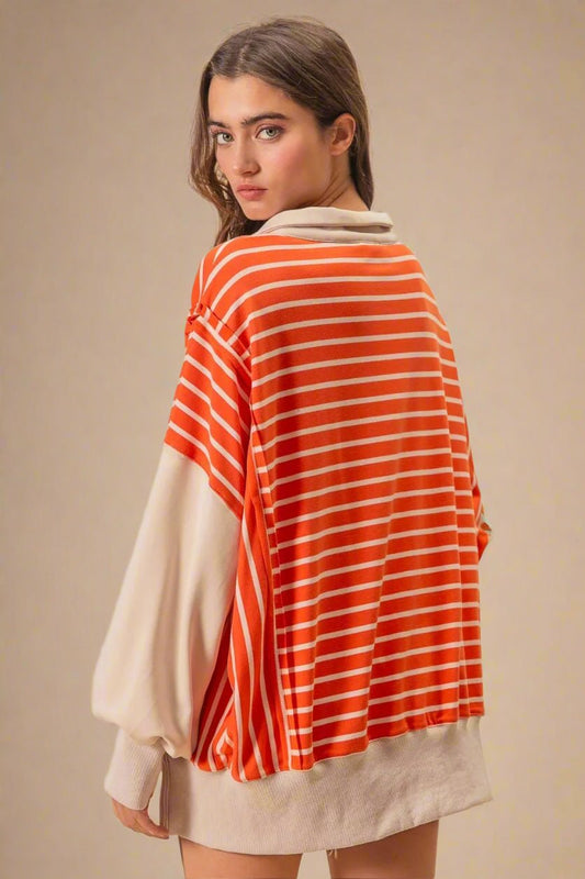 BiBi - Striped Colorblock Rugby Pullover – Tangerine & Cream