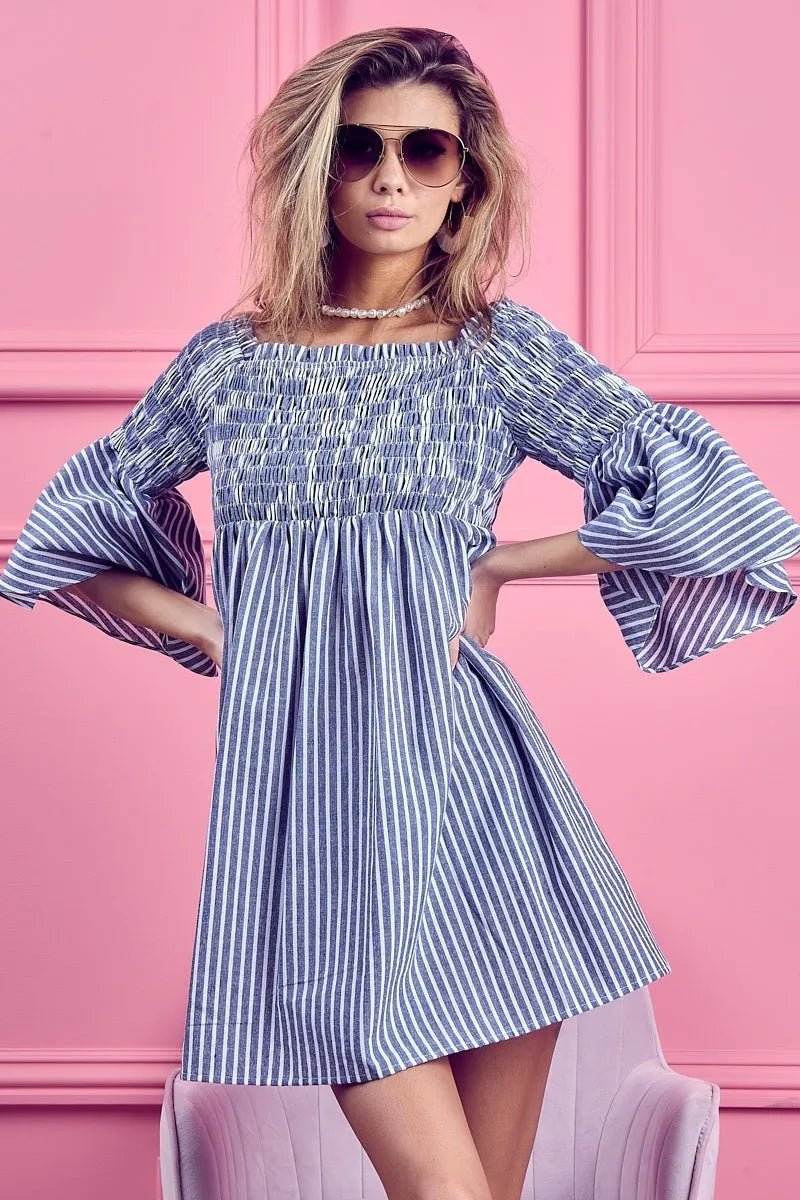 BiBi - Striped Off Shoulder Mini Dress in Blue & White