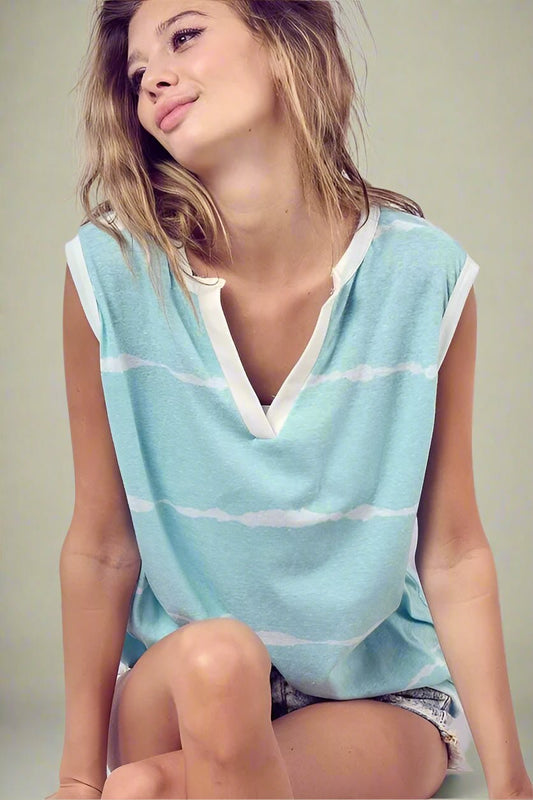 BiBi - Striped Split Neck Sleeveless Top in Sky Blue & White