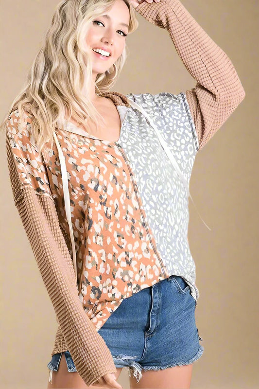 BiBi - Taupe & Mustard Mixed Print Waffle Knit Hoodie