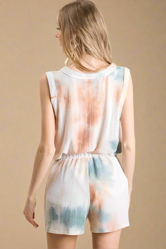 BiBi - Teal & Clay Tie - Dye Waffle Tank and Shorts Set