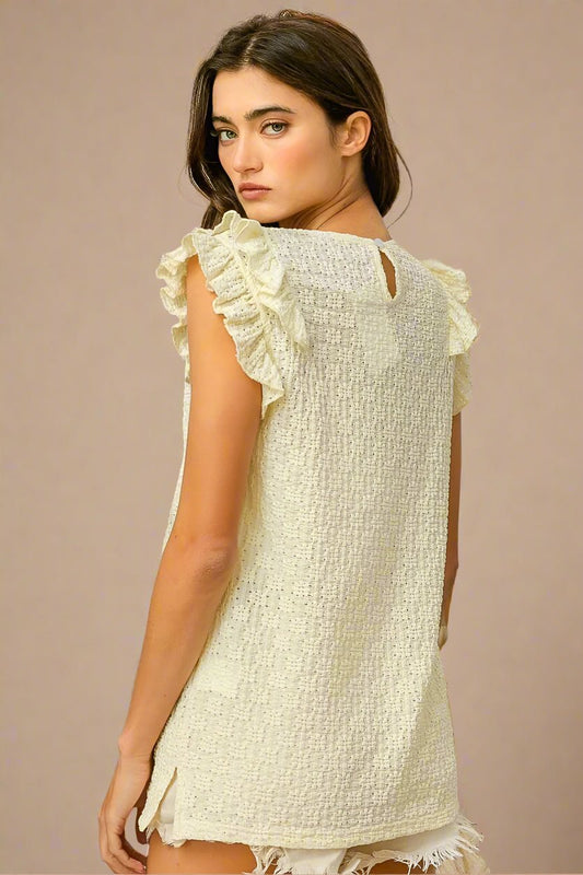 BiBi - Textured Ruffle Sleeve Top in Soft Butter Yellow