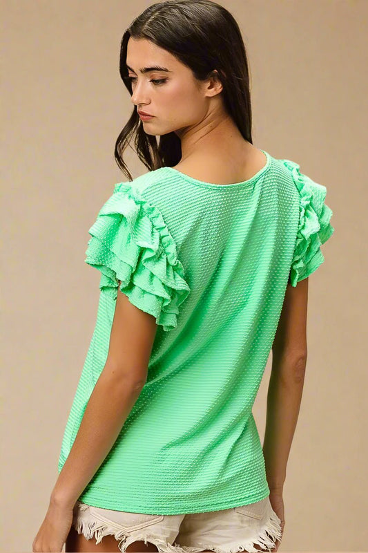 BiBi - Textured Ruffle Sleeve Top – Neon Mint Green