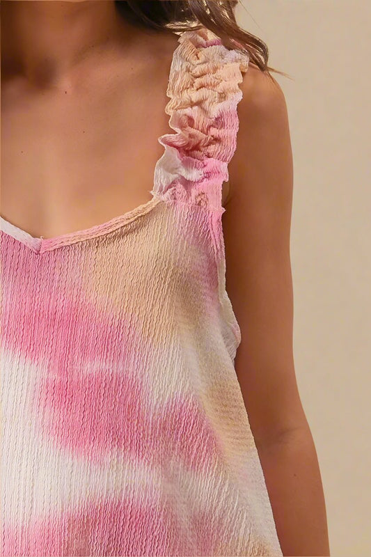 BiBi - Tie - Dye Ruffle Strap Crinkle Cami – Pink & Peach