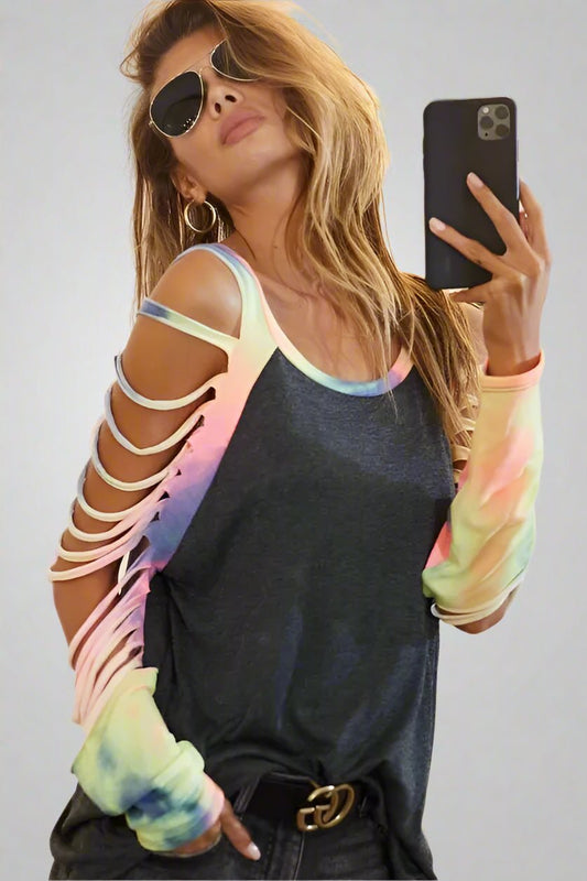 BiBi - Tie - Dye Strappy Cold Shoulder Top in Charcoal Multi