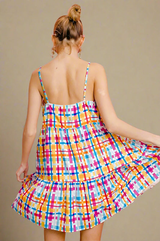 BiBi - Tiered Mini Dress in Orange & Fuchsia Plaid