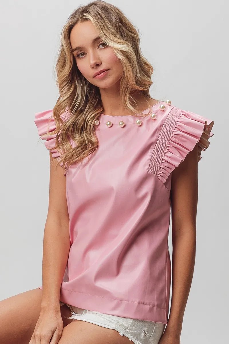 BiBi - Vegan Leather Pearl Trim Pleated Sleeve Top – Soft Orchid Pink
