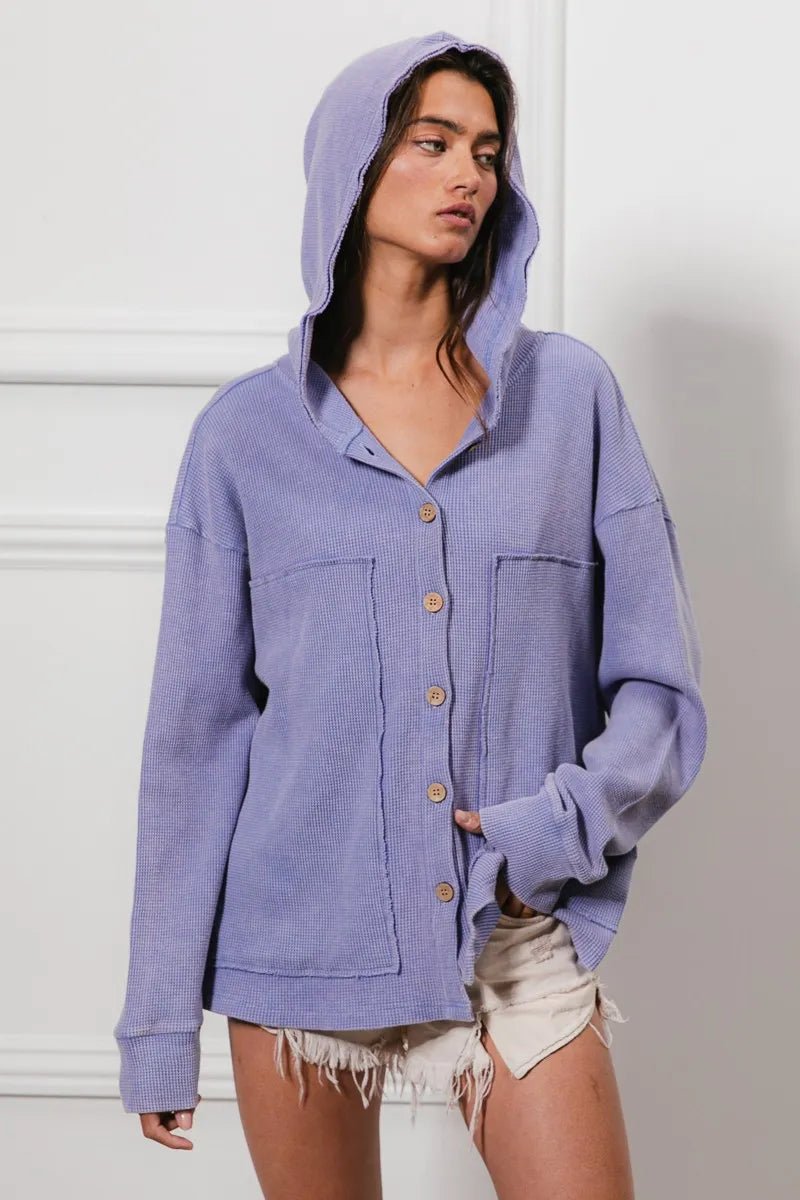 BiBi - Waffle Knit Button Hoodie in Dusty Lavender