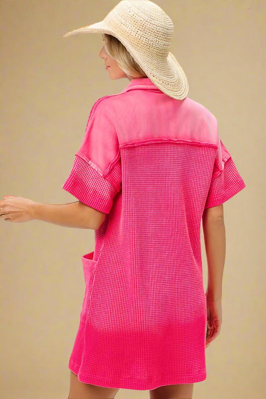 BiBi - Waffle Knit Collared Pocket Mini Dress in Hot Pink