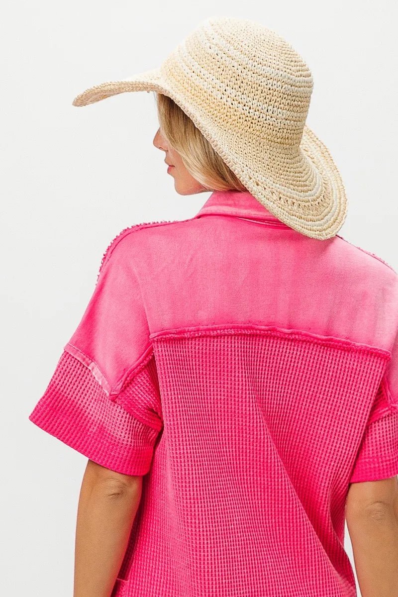 BiBi - Waffle Knit Collared Pocket Mini Dress in Hot Pink