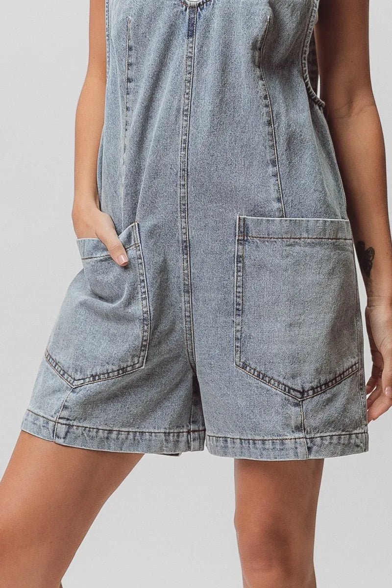 BiBi - Washed Denim Short Overalls in Faded Black