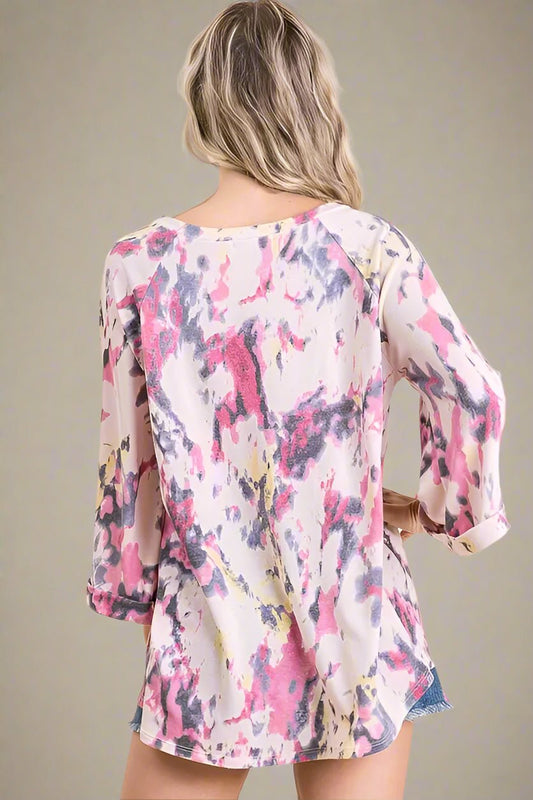 BiBi - Watercolor Print Oversized Tee in Pink Multi