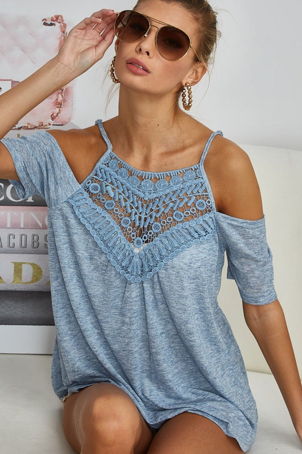 BiBiCrochet Lace Detail Cold Shoulder Top in Vintage Denim Blue