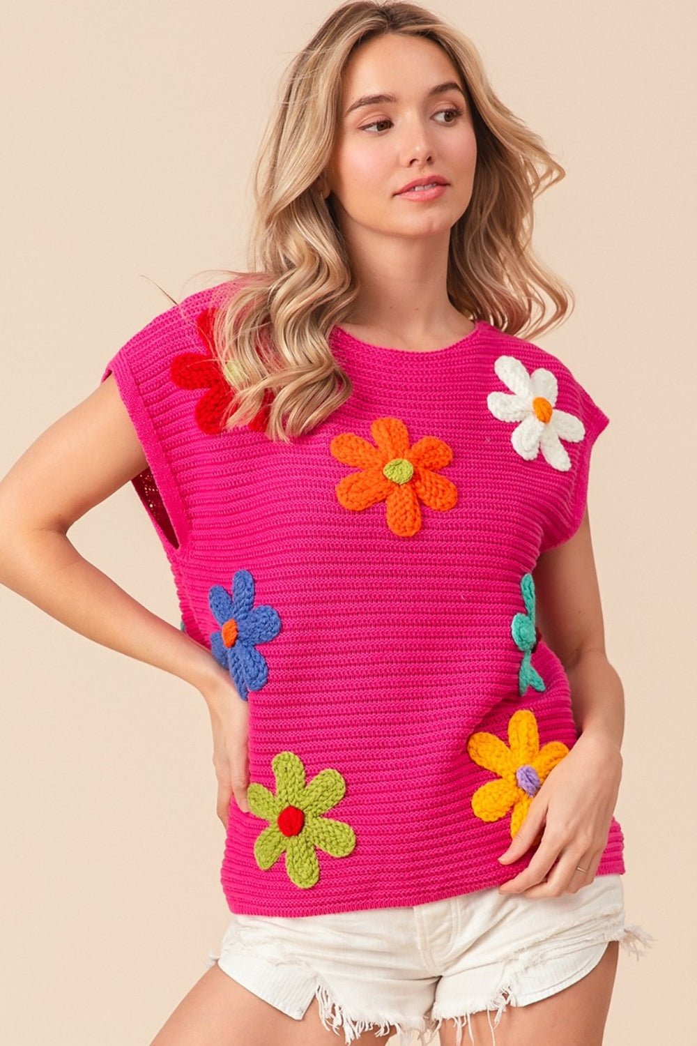 BiBiFlower Patch Cap Sleeve Knit Top in Fuchsia Multi