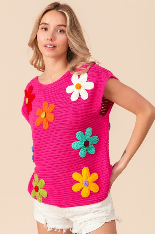 BiBiFlower Patch Cap Sleeve Knit Top in Fuchsia Multi