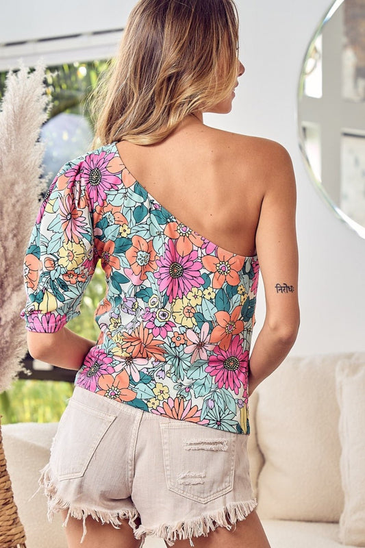 BiBiMulticolor Floral One Sleeve Top