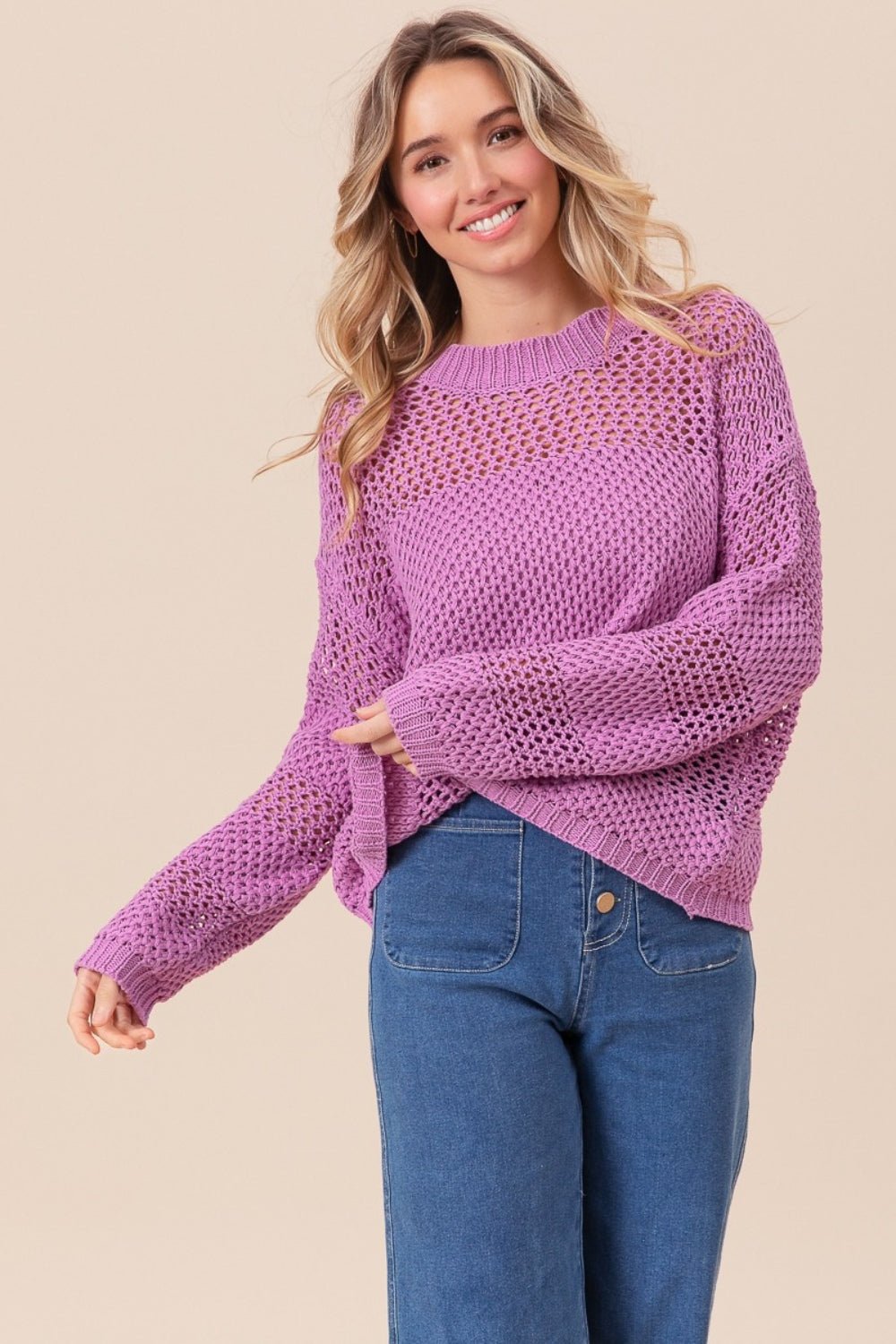 BiBiOpenwork Long Sleeve Knit Top in Berry