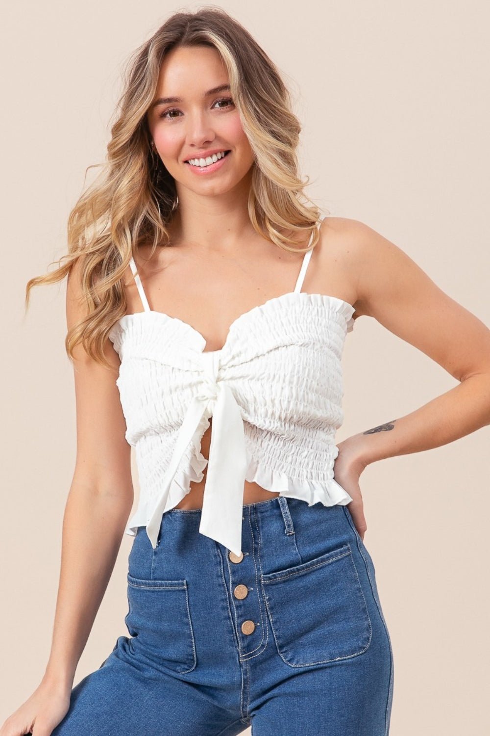 BiBiRuffled Smocked Tie Front Cami in Off - White