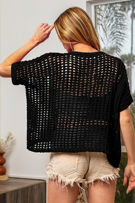 BiBiShort Sleeve Knit Crochet Top in Black