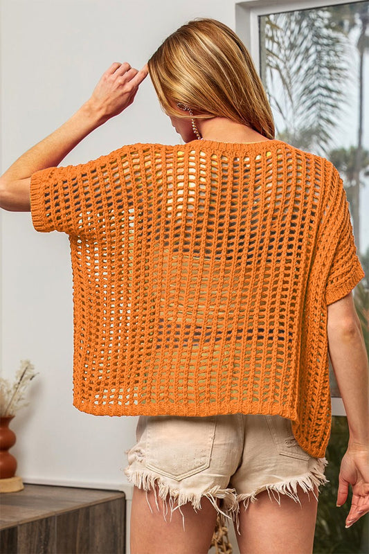 BiBiShort Sleeve Knit Crochet Top in Orange