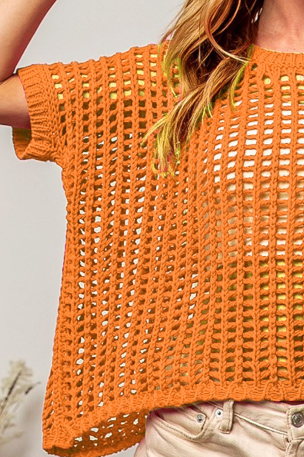 BiBiShort Sleeve Knit Crochet Top in Orange