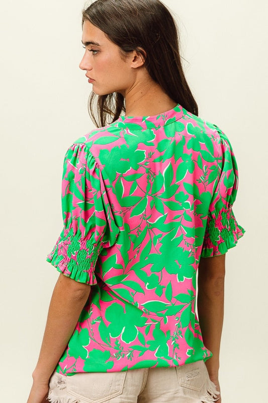 BiBiSmocked Cuff Floral Contrast Top in Jade Fuchsia