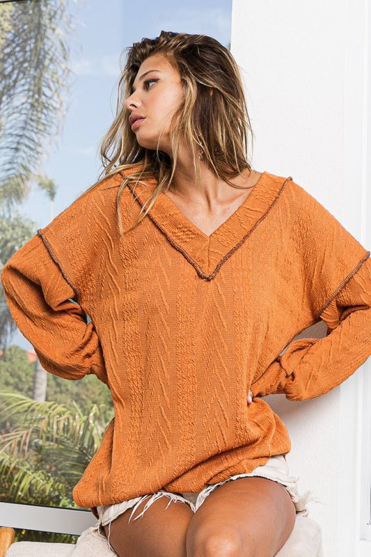 BiBiTextured Exposed Seam Drop Shoulder Knit Top in Rust
