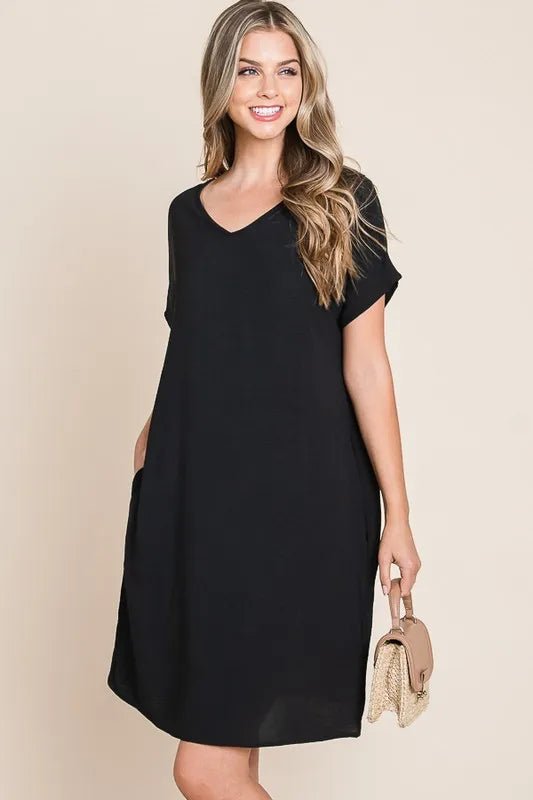 BOMBOM - Black Everyday V - Neck Pocket Dress