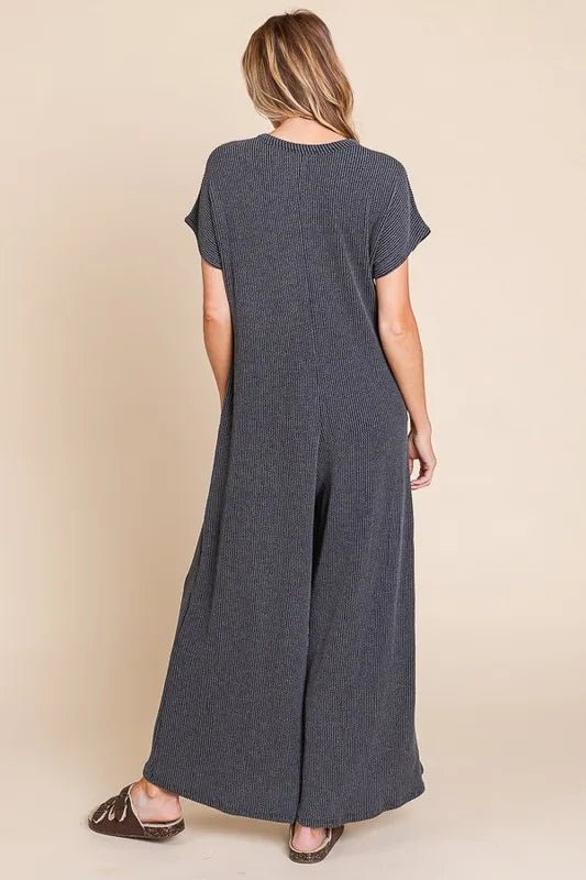BOMBOM - Charcoal Ribbed Jumpsuit – Wooden Button Front & Pockets