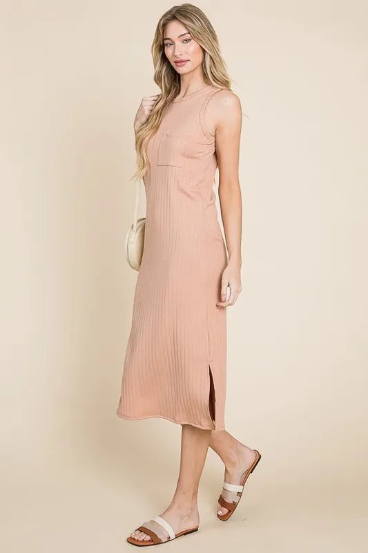 BOMBOM - Dusty Rose Ribbed Midi Tank Dress
