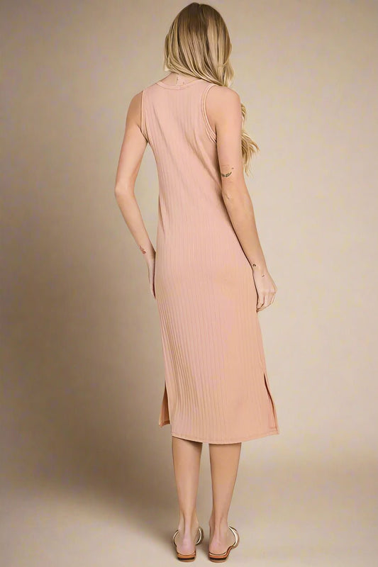 BOMBOM - Dusty Rose Ribbed Midi Tank Dress