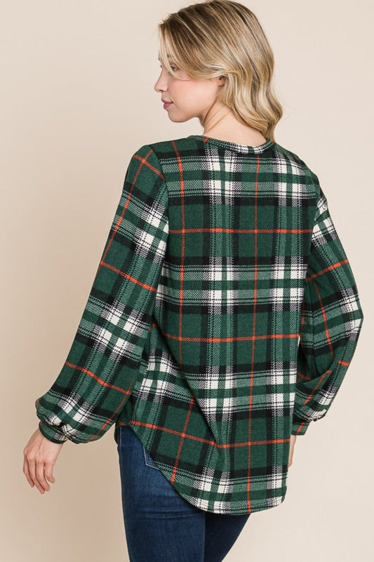 BOMBOM - Green Curved Hem Plaid Long Sleeve Top