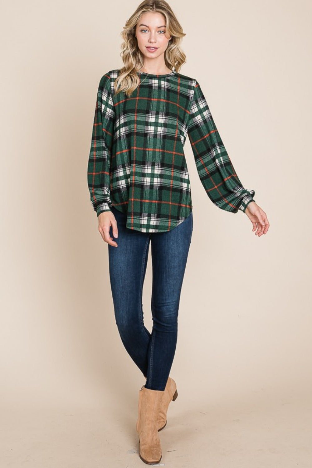 BOMBOM - Green Curved Hem Plaid Long Sleeve Top