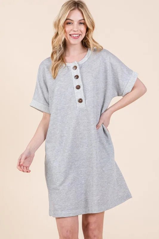 BOMBOM - Heather Gray Button - Front Mini Dress