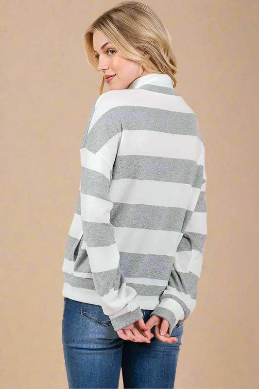 BOMBOM - Heather Gray Stripe Quarter - Zip Pullover Sweatshirt