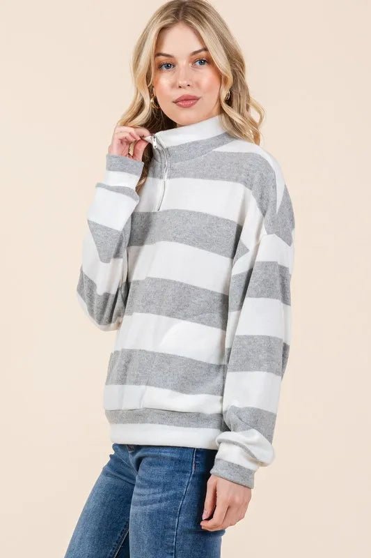 BOMBOM - Heather Gray Stripe Quarter - Zip Pullover Sweatshirt